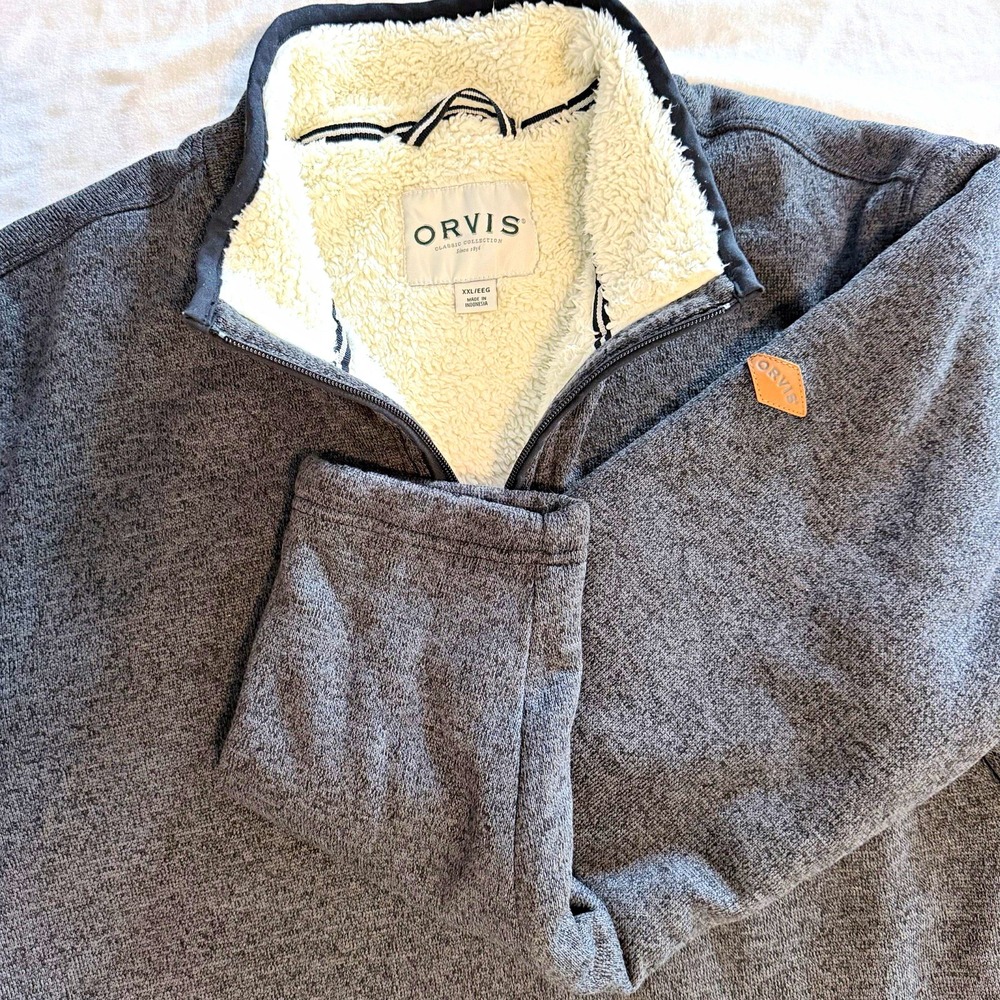 Orvis Men's Gray 1/4 Zip Mock Neck Fleece Pullover Sweatshirt 2XL Tall Winter